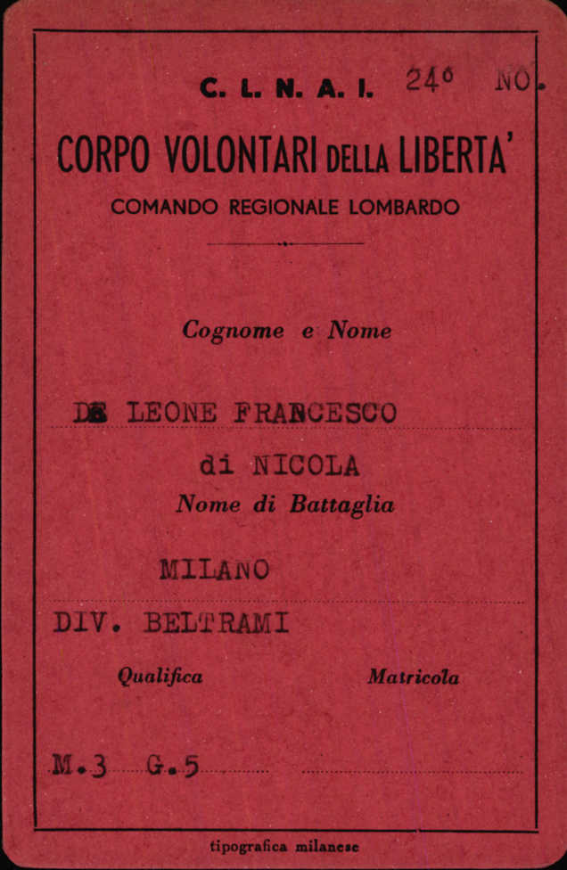 Tessera di appartenenza al Corpo Volontari della Libertà